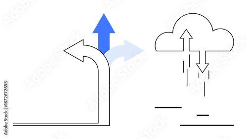 Leftward and upward arrows suggest decision-making and growth. A cloud with arrows symbolizes data exchange and process management. Ideal for decision-making, data sharing, innovation, choice paths