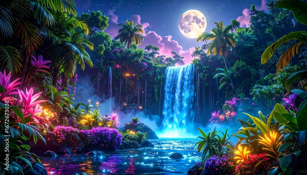 Obraz premium Tropical waterfall cascading under moonlight surrounded by lush vegetation in a vibrant jungle