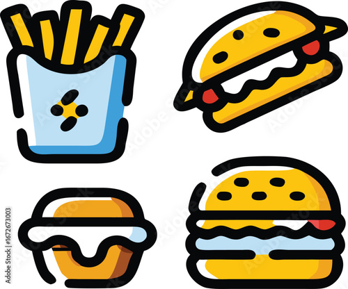 Fast Food Icons Featuring Burger and Fries Symbolizing Unhealthy Diet and Convenience on Transparent Backdrop