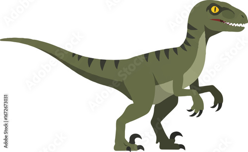 Green velociraptor dinosaur with black stripes perfect for childrens educational materials, book illustrations, dinosaurthemed designs, and science presentations.