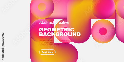 Vibrant geometric shapes overlap white space. Text reads Geometric Background, plus sample text, button visible. Modern design elements present.