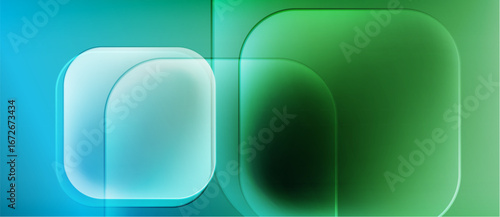 Abstract composition. Rounded squares overlap, creating gradient effects. Blue transitions to green hues dominate visual space. Minimalist design.