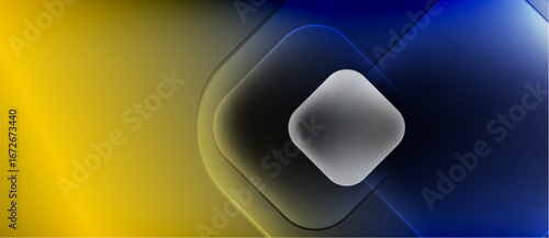 Abstract composition. Yellow blends into blue. Central diamond shape glows, layered with shadows, gradients. Modern design elements present.