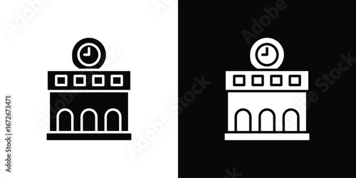 Train station building icons in black and white clipart style