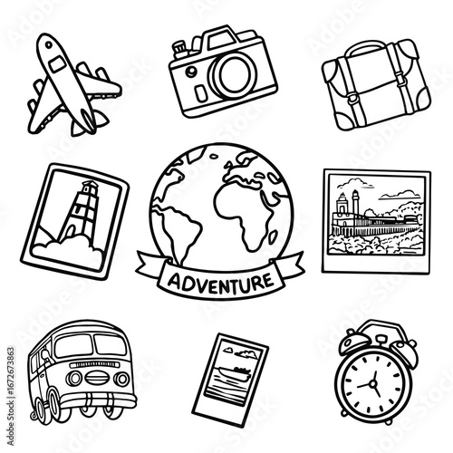 Travel icon set - hand drawn. Black with white outline drawing for travel tourism
