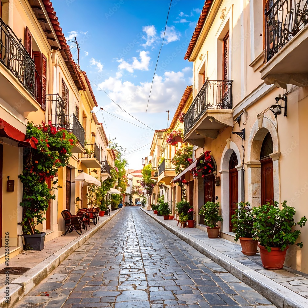 Fototapeta premium A sun-drenched alleyway, lined with pastel-colored buildings, adorned with flowers and charming details, leads into a bright, inviting space.