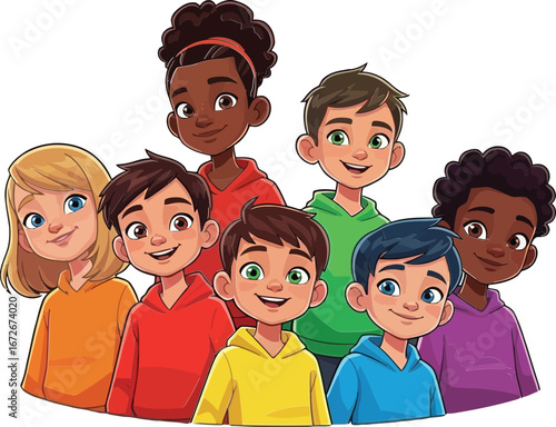 Diverse group of smiling children with colorful clothes happy and friendly kids vector illustration