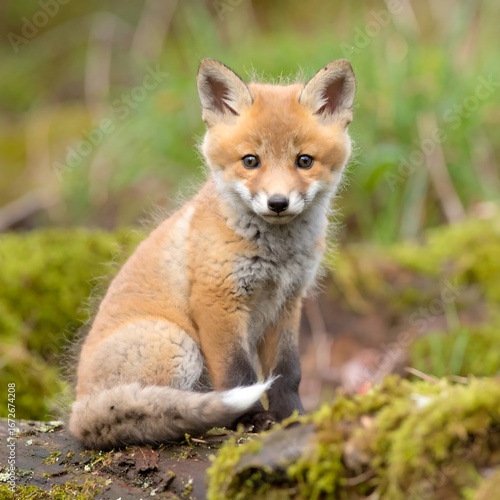 Wallpaper Mural A captivating close-up of a small red fox kit, nestled amidst lush green moss, with soft, warm hues and a direct gaze. Torontodigital.ca