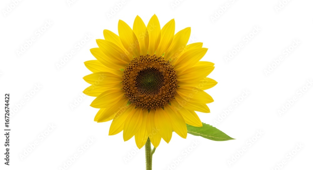 Fototapeta premium A Single Bright Yellow Sunflower with a Green Stem and Leaf Isolated on a White Background