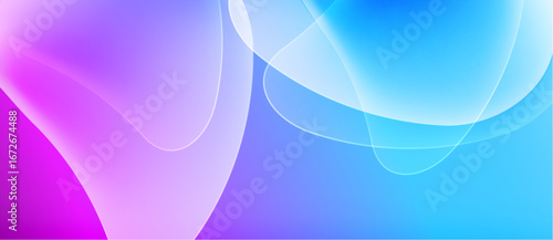 Abstract background features flowing shapes, vibrant purple blending into cool blues. Smooth gradients create dynamic visual effect.