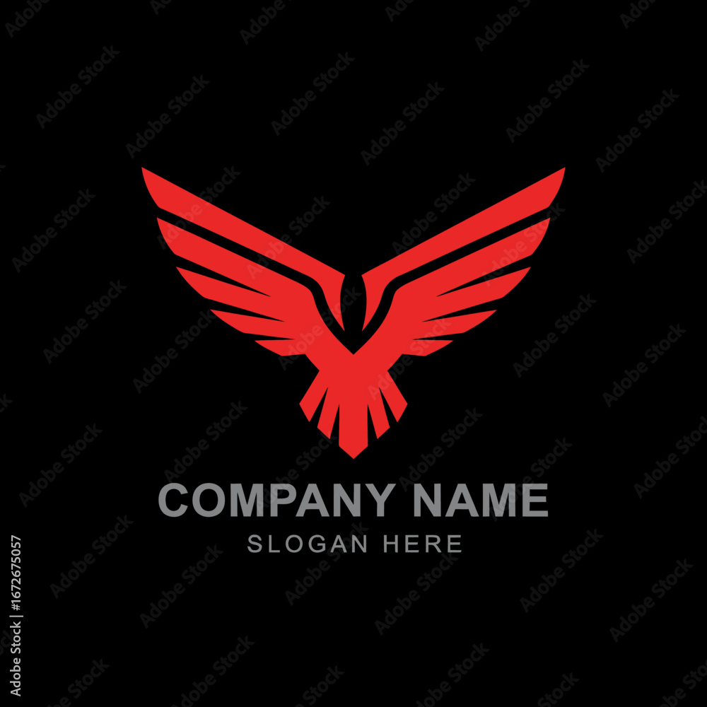 Fototapeta premium A modern, stylized red eagle or hawk logo with spread wings on a black background, with placeholder text for a company name and slogan.