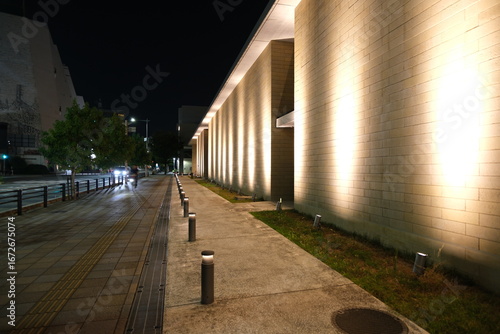 Pattern of Light and Shadow on a Wall Along a Quiet Night Street
