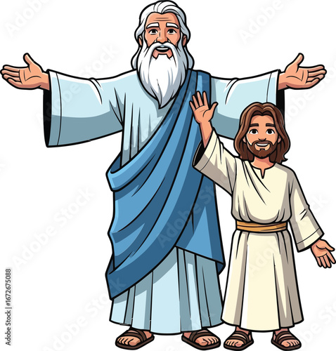 God and Jesus biblical characters greeting with open arms in simple robes vector illustration