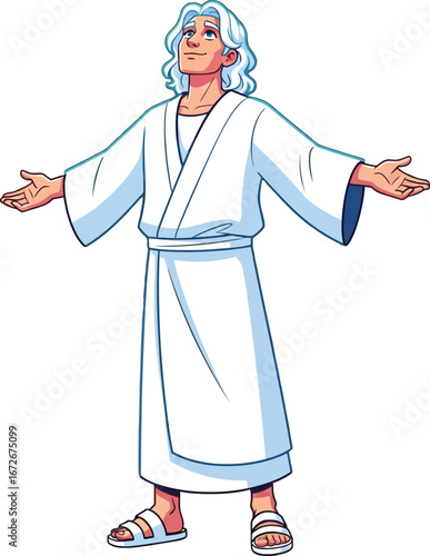 Jesus Christ in white robe with open arms blessing people religious vector illustration