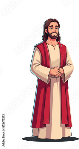 Jesus Christ standing with hands clasped in traditional robe vector illustration religious figure digital art