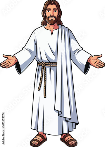 Jesus Christ vector illustration with open arms wearing white robe and sandals biblical religious figure