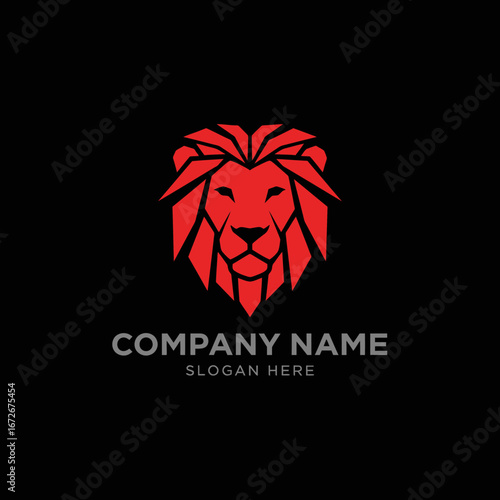 Geometric red lion head logo design, corporate branding, symbol.