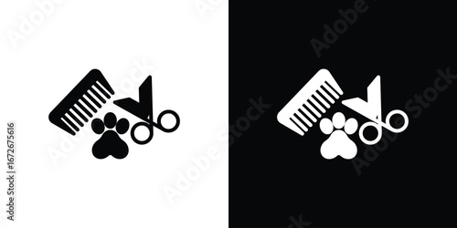 Pet grooming icons in black and white clipart style
