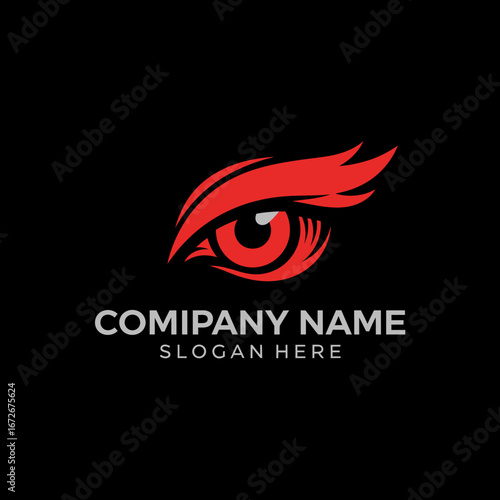 Fierce red eye logo with stylized eyebrow and text placeholder for company name and slogan against a black background.