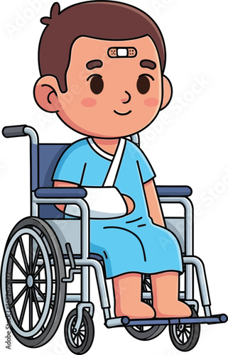 Boy in wheelchair with arm cast wearing hospital gown medical care and recovery vector illustration