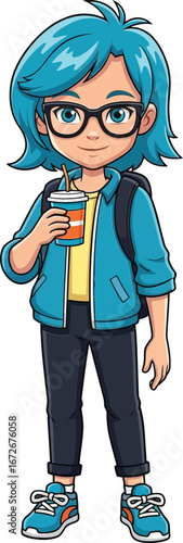 Girl with blue hair wearing glasses holding drink and backpack casual style vector illustration