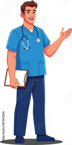 Male nurse wearing scrubs and stethoscope holding clipboard explaining healthcare procedure vector illustration