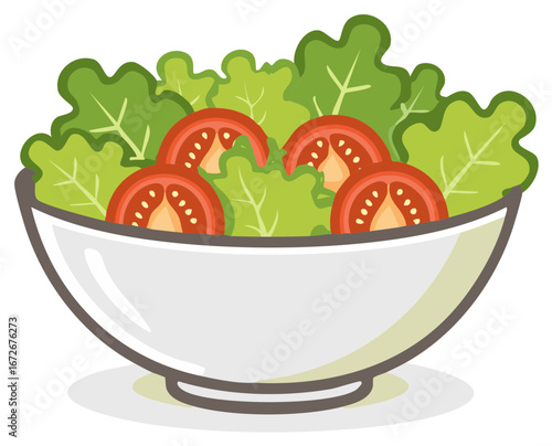 Fresh Salad Bowl with Lettuce and Tomato Slices Icon Style Illustration