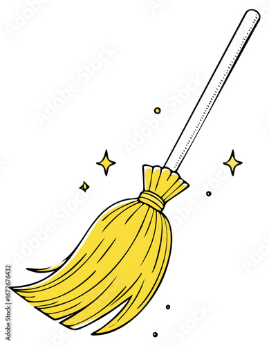 Cartoon magic yellow broom illustration with sparkles and dots around it. Fairytale tool for cleaning. Witchcraft equipment for Halloween celebration.
