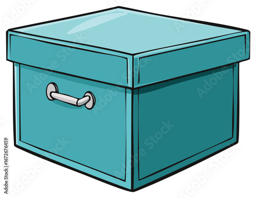 Cartoon illustration of a closed teal storage box with a lid and handle