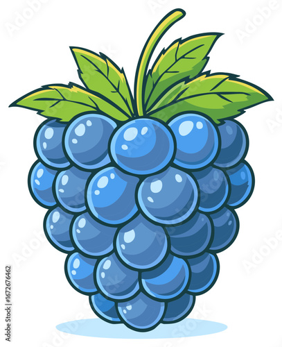 Vibrant cartoon blue raspberry or blackberry fruit with green leaves illustration