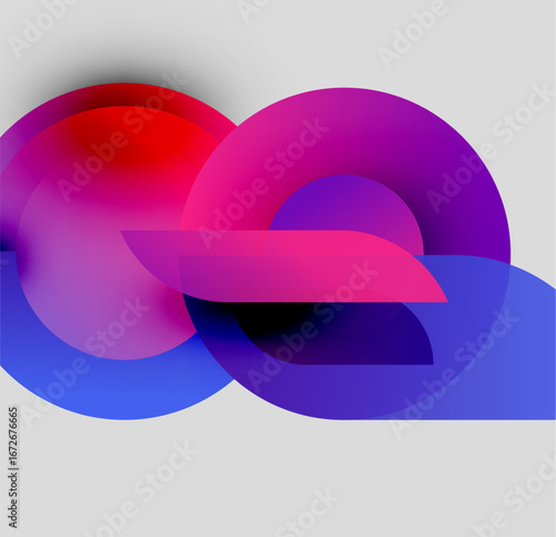Abstract colorful shapes overlap, creating dynamic visual effect. Gradient hues blend smoothly, forming flowing composition.