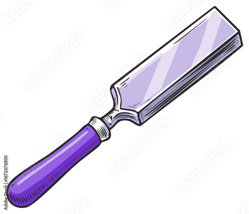 Graphic illustration of a wood chisel with a purple handle and steel blade, a common woodworking hand tool.