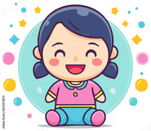 Happy cartoon girl with dark hair and pigtails smiles widely surrounded by colorful circles and stars