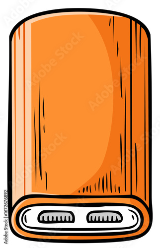 Orange portable power bank device with two USB ports, graphic illustration