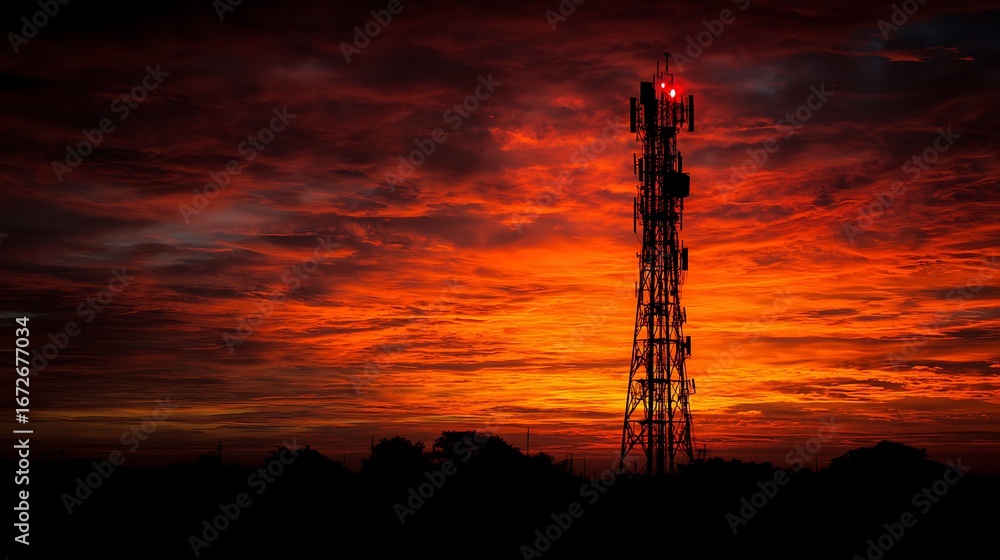 Fototapeta premium The silhouette of a cell phone tower stands against a dramatic sunset sky. The red warning light at the top of the tower is on.