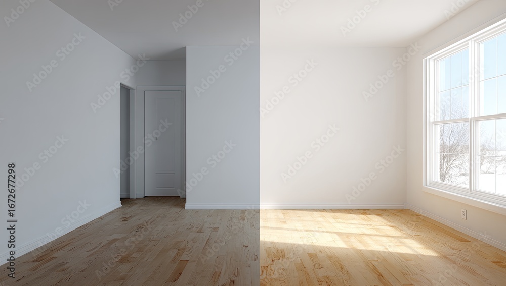 Obraz premium Empty room renovation before & after; sunlight, winter view