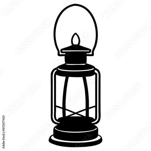 Black and white illustration of a vintage kerosene lantern, a classic lighting device
