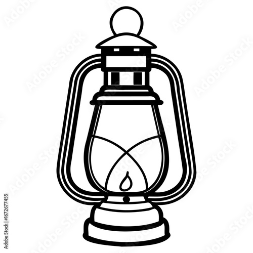 Vintage kerosene lantern with a flame inside, isolated on a, black and white line art illustration