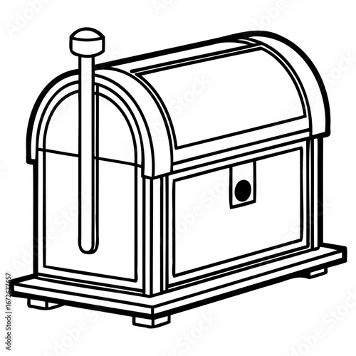 A black and white illustration of a treasure chest with a handle and lock, on a wooden base