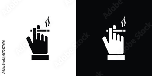 Hand holding cigarette icons in black and white clipart style