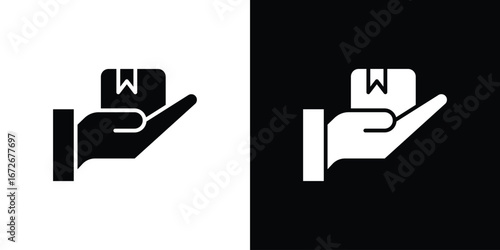 Hand holding box icons in black and white clipart style