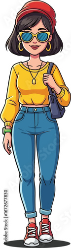 Young woman wearing red beret and sunglasses stylish casual outfit walking confidently vector illustration