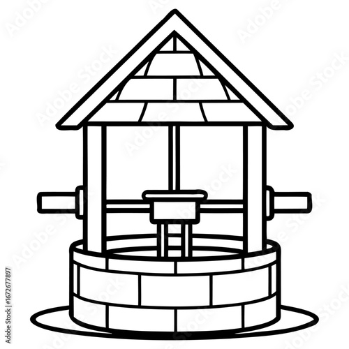 Simple black and white illustration of a traditional wishing well with a roof and crank mechanism