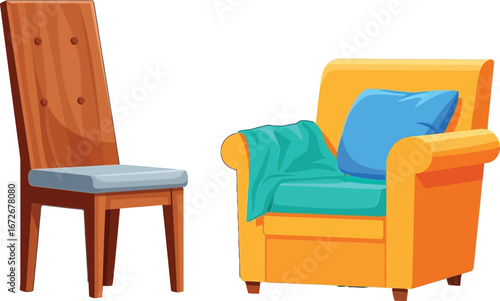 Wooden chair and orange armchair with blue pillow and green throw blanket vector illustration in simple style
