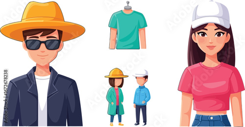 Young man and woman wearing casual summer hats and sunglasses flat vector characters design