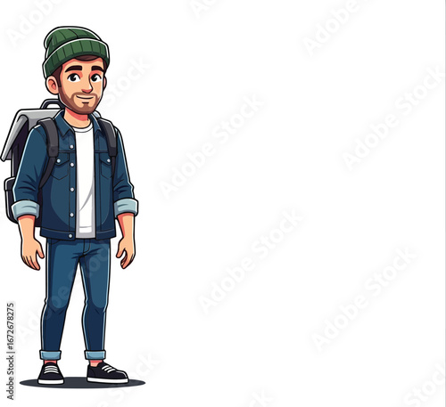 Young man traveler with backpack and casual outfit standing confident vector illustration