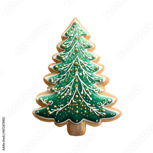 A festively decorated Christmas tree cookie with white swirls and golden sprinkles against a black background.