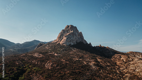 Aerial view of Peña de Bernal, a rocky mountain in Mexico, Querétaro State.