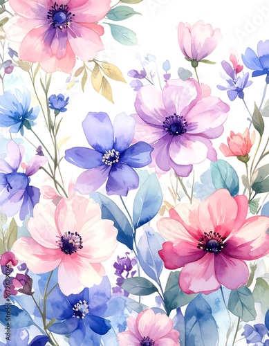 Wallpaper Mural Delicate floral design with soft pinks, purples, and blues, showcasing a watercolor-style arrangement of blooming flowers and leaves against a white background. Torontodigital.ca