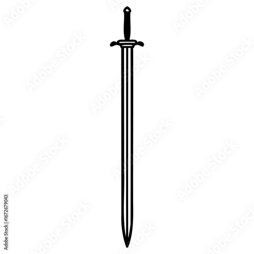A medieval longsword with a silver blade and black hilt, isolated on a